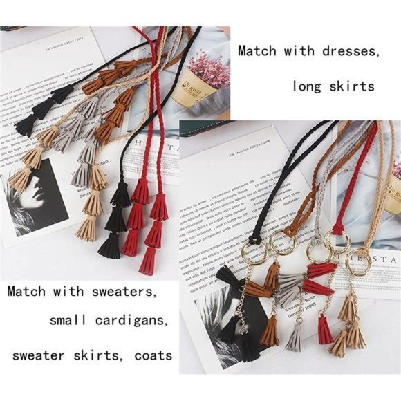 Women Girls PU Leather Waist Belt Chain Skinny Rope with Double Tassel main image 6